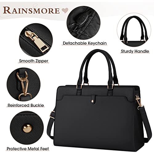 RAINSMORE Laptop Bag for Women 15.6 Inch Laptop Tote Bag Leather Work Bag Waterproof Womens Briefcase Business Office Computer Tote Bag Large Capacity Handbag Shoulder Bag Black - color: Black