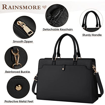 RAINSMORE Laptop Bag for Women 15.6 Inch Laptop Tote Bag Leather Work Bag Waterproof Womens Briefcase Business Office Computer Tote Bag Large Capacity Handbag Shoulder Bag Black - color: Black