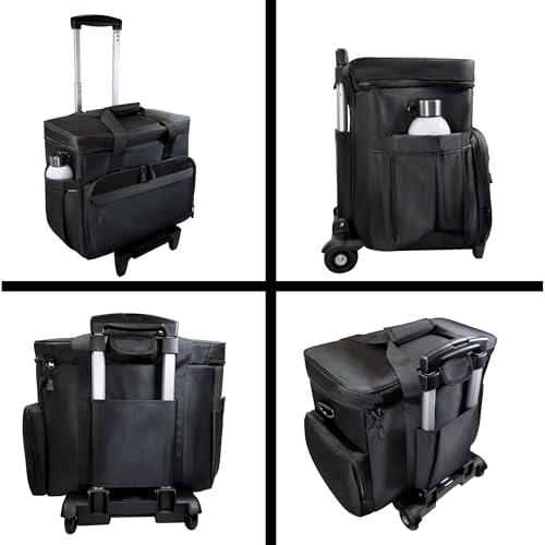 Rolling Teacher Tote Bag with wheels and Laptop Compartment, Wheeled Teacher Bag for Teaching, Detachable Trolley, Office, Craft, Black