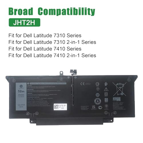 JHT2H Laptop Battery Replacement for Dell Latitude 7310 7410 2-in-1 Series Notebook 04V5X2 4V5X2 07CXN6 7CXN6 7.6V 52Wh 6500mAh - size: 11.4*5.3*1.2inch JHT2H