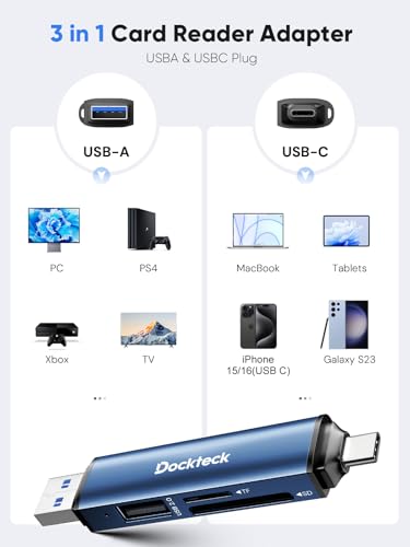 Dockteck SD Card Reader Adapter, 5G Super Speed USB3.0 SD/TF Card Reader, 3-Slot USB A/C to SD/Micro SD/USB A Memory Card Reader for UHS-I SD/Micro SD/SDHC/SDXC/MMC, with OTG for Plug&Play - color: Blue