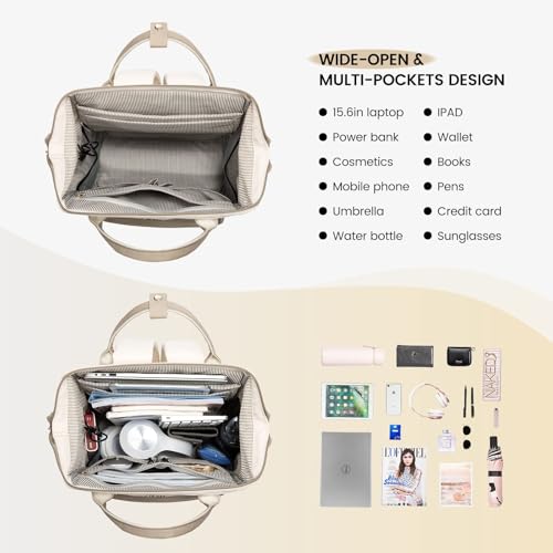 LOVEVOOK Laptop Backpack for Women, 15.6 Inch Work Laptop Bag Teacher Nurse Backpack, Wide Open Travel Tote Backpack Purse Business Computer Daypack - color: Beige & Khaki-m