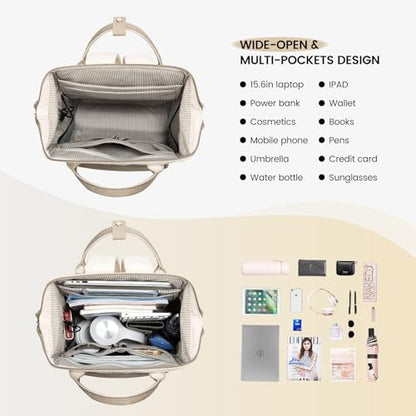 LOVEVOOK Laptop Backpack for Women, 15.6 Inch Work Laptop Bag Teacher Nurse Backpack, Wide Open Travel Tote Backpack Purse Business Computer Daypack - color: Beige & Khaki-m