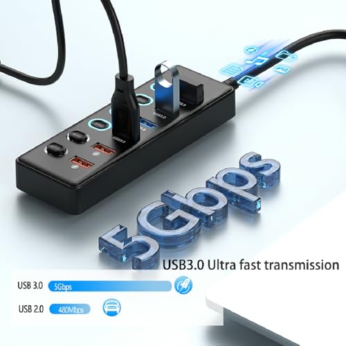 Powered USB 3.0 Hub, 6 Ports Hub Splitter with Power Adapter, 4 Data Ports + 2 QC 3.0 Fast Charging Ports, Individual LED Switches, Black