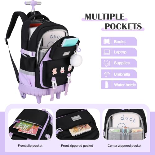DIGOBAY Rolling Backpack for Girls, Roller Bag with Lunch Box Pencil case | Kawaii Girls Roller Backpack With Wheels School Bookbag With Cute Pins for Elementary Middle School, Black Purple - color: Blackpurple