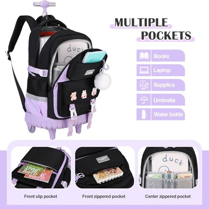 DIGOBAY Rolling Backpack for Girls, Roller Bag with Lunch Box Pencil case | Kawaii Girls Roller Backpack With Wheels School Bookbag With Cute Pins for Elementary Middle School, Black Purple - color: Blackpurple