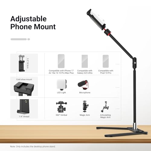 NEEWER Overhead Phone Tripod Stand with Dual Ball Head Articulating Boom Arm, Shock Absorbent Desk Phone Holder Clamp Mount with Foldable Base for Piano Cooking Drawing Sketching Live Streaming, DS026