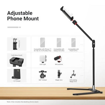 NEEWER Overhead Phone Tripod Stand with Dual Ball Head Articulating Boom Arm, Shock Absorbent Desk Phone Holder Clamp Mount with Foldable Base for Piano Cooking Drawing Sketching Live Streaming, DS026