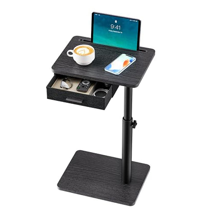 TV Tray with Drawer & Device Slot, Swivel Height Adjustable bedside table, Sofa Side Table for Eating, C Shaped Couch Table for Living Room & Bedroom, Portable Snack End Table for Couch & Bed, Black