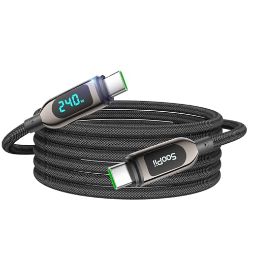 SOOPII 240W 10ft USB C to USB C Cable Fast Charge, Nylon Braided Cable with LED Display for lPhone 17/17 Pro/16 Plus/15 Pro Max,lPad Air,MacBook Pro,Galaxy S25/S24, Pixel, LG (Black) - color: Black, size: 3M - 240W