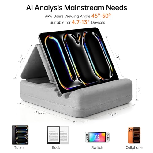 Tablet Pillow Stand with Storage, Foldable iPad Holder for Lep, Bed, Sofa, and Desk - Soft Pad Dock with Pocket and Stylus Mount Compatible with 4-13" iPad Pro/Air/Mini, Galaxy Tab, Kindle - color: Gray