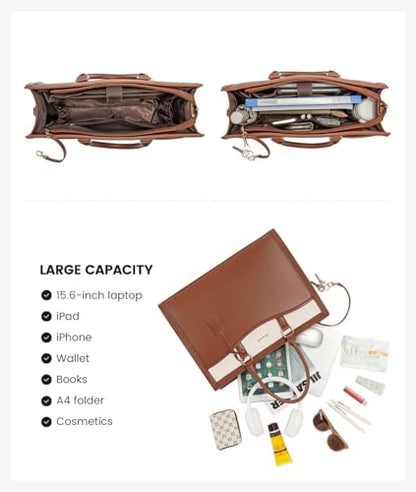 LOVEVOOK Laptop Tote Bag for Women, Leather Office Work Bag Briefcase fit for 15.6 inch Laptop, Large Teacher Computer Bag Handbag,2pcs Set Leather/Brown-White | PU Leather Business Briefcase Teacher Travel College Bag Handbag fit for 15.6 inch Laptop, Of