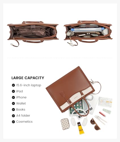 LOVEVOOK Laptop Tote Bag for Women, Leather Office Work Bag Briefcase fit for 15.6 inch Laptop, Large Teacher Computer Bag Handbag,2pcs Set Leather/Brown-White | PU Leather Business Briefcase Teacher Travel College Bag Handbag fit for 15.6 inch Laptop, Of