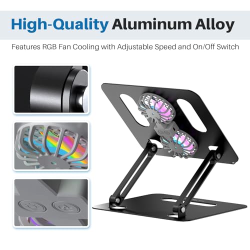 YICOSUN Adjustable Laptop Cooling Stand with 2 Quiet Fans & RGB Lighting, Aluminum Alloy & Foldable Ergonomic Design for MacBook, Lenovo, ASUS, Dell 10-16 Inch, Perfect for Gaming, DJ, Office - Black - color: Black