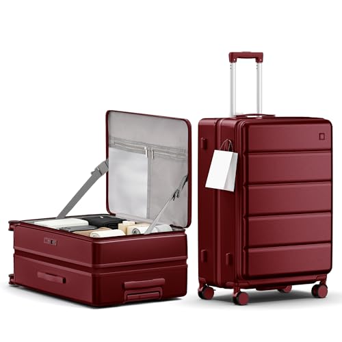 28 Inch Checked Luggage Side Opening Expandable Hardshell Suitcase, 100% PC Lightweight with Brake Spinner Wheels, TSA Lock - Large Travel Suitcase - color: Wine Red, size: 28 Inch-EXT
