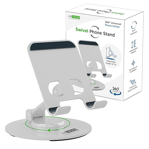 Uncaged Ergonomics 360° Swivel Rotating Adjustable Phone Stand for Desk, Portable & Foldable Cell Phone Stand for Desk, Compact Mobile Stand for Tabletop, Office, Kitchen & Bedroom (Silver) - color: Silver