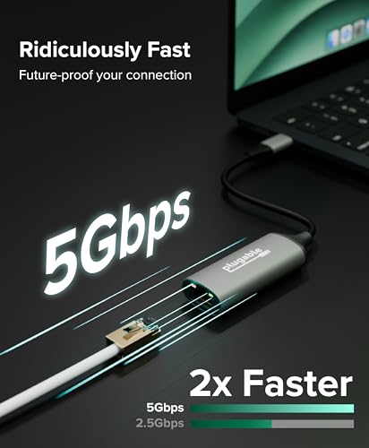 Plugable USB-C to Ethernet Adapter, Windows/macOS/ChromeOS | 5Gbps USB-C to Ethernet Adapter - 5x Faster Than Gigabit, Plug-and-Play Realtek RTL8157, Windows, macOS, ChromeOS