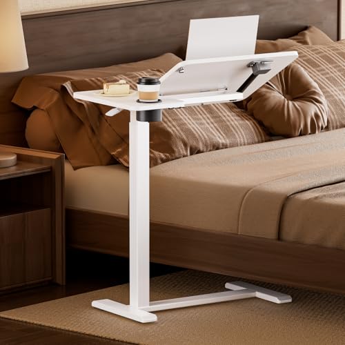 BIZUM Tilt Top Overbed Table on Wheels, Adjustable Rolling Bedside Table | Adjustable height 29.7-43.3in, tilting tabletop, 27.6x15.8in surface, cup holder, 22lb capacity, 4 hidden wheels - color: White