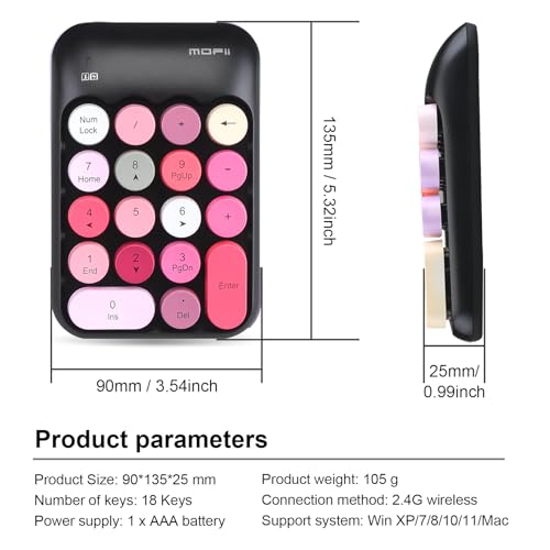 Lomiluskr Cute Wireless Number Keypad with 2.4G USB Receiver, 18 Colorful Round Keys Numpad, Portable Financial Accounting Numeric Keyboard, Suitable for PC, Laptop (Black) - color: Black