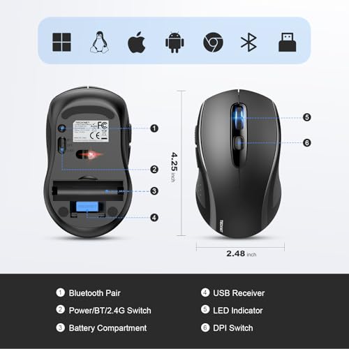 TECKNET Bluetooth Mouse (BT 5.0/3.0+2.4Ghz), 6-Level 4000 DPI Wireless Mice for Laptop, 2-in-1 Ergonomic Computer Portable PC Mouse, Silent Mouse with USB Receiver for Windows/Mac/PC/Notebook - color: Black