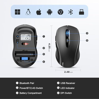 TECKNET Bluetooth Mouse (BT 5.0/3.0+2.4Ghz), 6-Level 4000 DPI Wireless Mice for Laptop, 2-in-1 Ergonomic Computer Portable PC Mouse, Silent Mouse with USB Receiver for Windows/Mac/PC/Notebook - color: Black