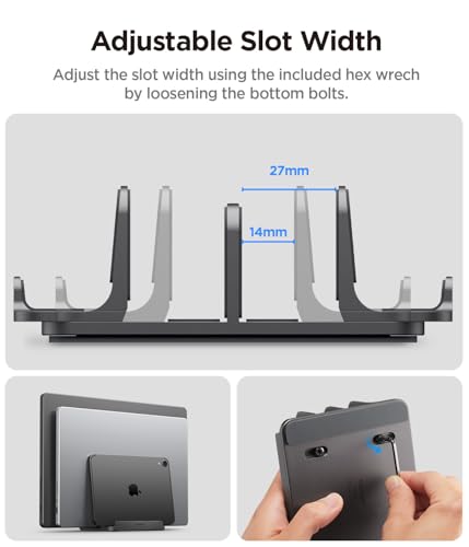 Spigen Vertical Laptop Stand Holder for Desk | with Adjustable Dock, 4 Slots Total for All MacBook 11"-16"/HP/Dell/Surface/Samsung/LG/Chrome Book - Space Gray