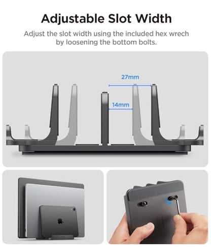 Spigen Vertical Laptop Stand Holder for Desk | with Adjustable Dock, 4 Slots Total for All MacBook 11"-16"/HP/Dell/Surface/Samsung/LG/Chrome Book - Space Gray