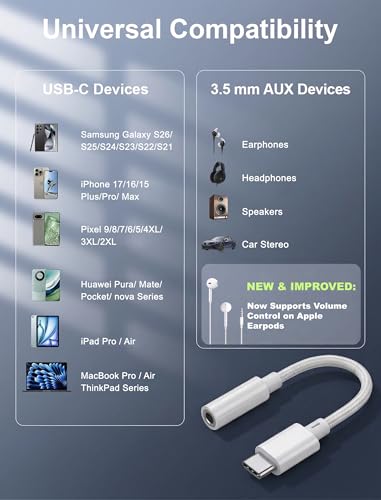 USB-C to 3.5mm Audio Headphone Adapter - Hi-Res 2 Pack Dongle with Mic & Volume Control - Woven Type-C to Aux Jack Cable Compatible with iPhone 17 16 15 Galaxy S26 S25 S24 S23 S22 Pixel iPad - size: 2Pack-NYLON