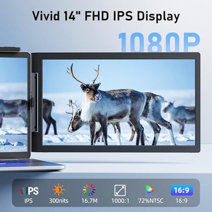 Laptop Screen Extender, 14" FHD 1080P IPS Laptop Monitor Extender with USB C/HDMI Port, Plug and Play Screen Portable Extended Monitor for 14"-15.6" Laptops - size: 14" Dual