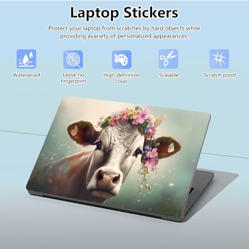 Universal Laptop Skin Sticker with 2 Wrist Pad Skins, Waterproof Scratch Resistant Vinyl Laptop Cover Decal, Cut to Fit for 11–15.6 Inch MacBook HP Dell Lenovo, Cow with Flower - color: Cow with Flower
