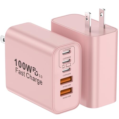 USB C Charger Block, 2-Pack 100W 5-Port USB C Wall Charger iPhone Charger Fast Charging PD Power Adapter+QC Wall Plug Multiport Type C Brick Chargers for iPhone 17 16 15 14 13 Pro Max,Samsung,MacBook - color: Pink, size: 2packs 100W