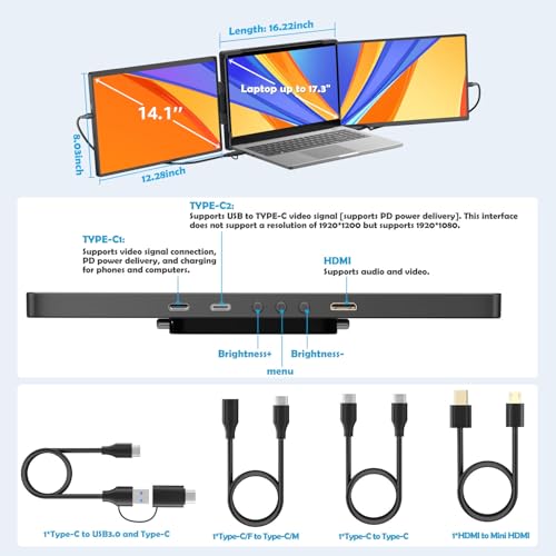 14.1-inch 1200P Portable Triple Laptop Monitor Extender (with USB Docking Station) 1920x1200 FHD IPS Foldable Plug and Play Travel Home Office External Screen Compatible with HDMI,USB-A & USB-C - style: 2*14.1" 1200P