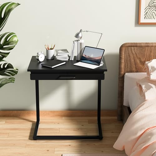 C Shaped End Table,Small Couch Side Table with Drawer,for Living Room, Bedroom Magazines, Computers, Coffee, Small Objects Storage.Black - color: Black