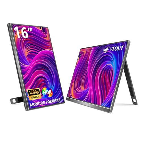 VEOUT 16" Portable Monitor with Built-in Stand, 1920×1200 FHD+ IPS Vertical Monitor, USB-C & Mini HDMI External Laptop Screen, Second Display for PC, MacBook, iPad, Phone, Travel & Office - color: V1-Black, size: 16 inch