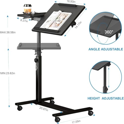 Panta Height Adjustable Rolling Laptop Stand, Overbed Table with 2 Tilting Desktops, Mobile Laptop Table for Couch with Cup Holder, Mobile Computer Workstation for Office, Home and Hospital | Dual tilting desktops, cup holder, mobile workstation, for couc