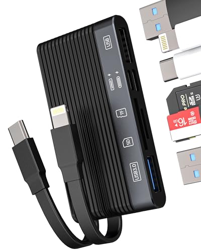 USB C Lightning to SD Micro SD Card Reader USB 3.0 USB 2.0 Charging Adapter(6in1)for Apple for iPhone 16 15 for iPad Pro Macbook Digital Camera TF Slot Memory Card Multiport OTG Charger Android Laptop