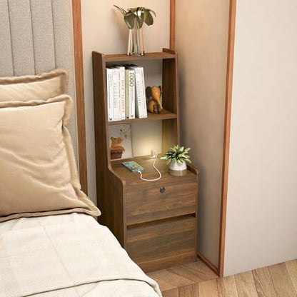 Modern Smart Nightstand with Night Light & Charging Station, Night Stand with Bookshelf, Lockable Bedside Cabinet Tables with 2 Storage Drawers for Bedroom Home Office - color: Wood