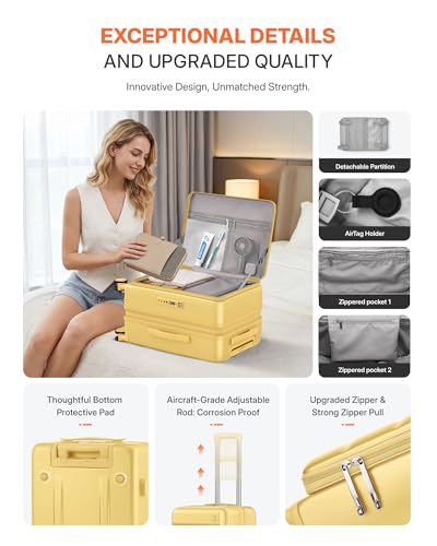Expandable 20Inch Carry On Luggage Airline Approved - Top Opening Hardside Travel Suitcase Unbreakable -with Cup Holder,USB Charge,Side Pothook, 360°Spinner Wheels, TSA Lock-Yellow - color: Yellow, size: 20 Inch-EXT