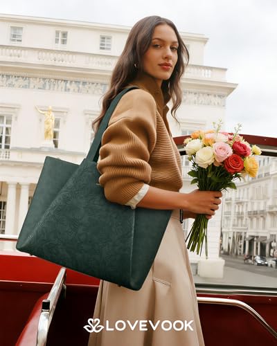 LOVEVOOK Laptop Tote for Women - 15.6 Inch Faux Leather Laptop Bag with Clutch, Large Capacity Office Purse Computer - color: Green Embossed, size: 15.6 inch