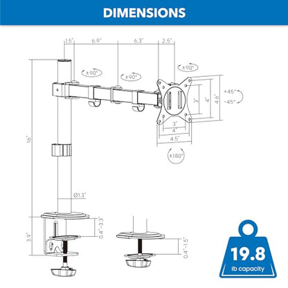 Mount-It! Single Monitor Arm Desk Stand, 19-32" Screens | Full motion height-adjustable tilt arm, VESA 75/100 compatible, C-clamp and grommet base.