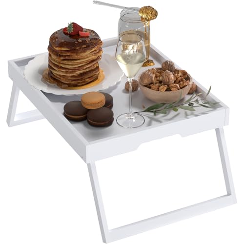 Bamboo Bed Tray Table with Folding Legs, Large, White | Large FSC-certified bamboo bed tray with folding legs, handles and raised edges for meals, laptops, reading and serving. - color: White, size: Large