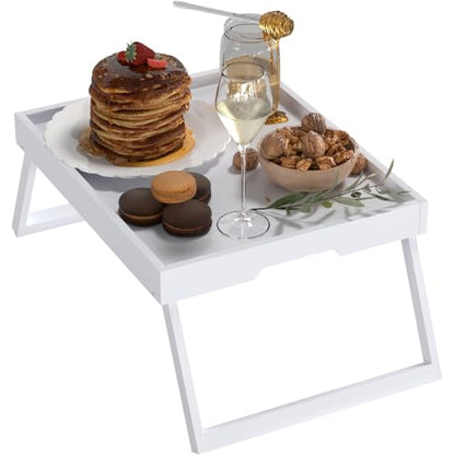 Bamboo Bed Tray Table with Folding Legs, Large, White | Large FSC-certified bamboo bed tray with folding legs, handles and raised edges for meals, laptops, reading and serving. - color: White, size: Large