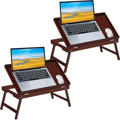 2 Pack Bamboo Bed Tray Table with Foldable Legs & Ergonomic Handle, 17x12in Breakfast Tray for Eating, Laptop Desk, Sofa Snacking, Non-Slip Surface (Mahogany) - color: Mahogany - 2 Pack