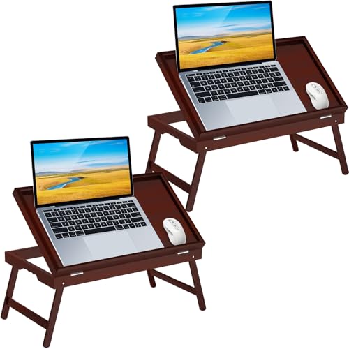2 Pack Bamboo Bed Tray Table with Foldable Legs & Ergonomic Handle, 17x12in Breakfast Tray for Eating, Laptop Desk, Sofa Snacking, Non-Slip Surface (Mahogany) - color: Mahogany - 2 Pack