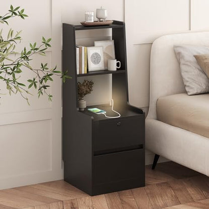 Modern Smart Nightstand with Night Light & Charging Station, Night Stand with Bookshelf, Lockable Bedside Cabinet Tables with 2 Storage Drawers for Bedroom Home Office - color: Black