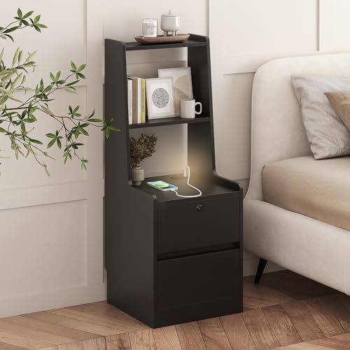 Modern Smart Nightstand with Night Light & Charging Station, Night Stand with Bookshelf, Lockable Bedside Cabinet Tables with 2 Storage Drawers for Bedroom Home Office - color: Black