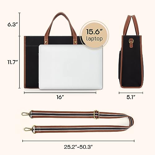 Missnine Laptop Tote Bag Canvas Laptop Bag 15.6 inch Work Shoulder Bags Casual Briefcase Handbag for Travel, Office, College (Black+Brown) - color: Black+brown