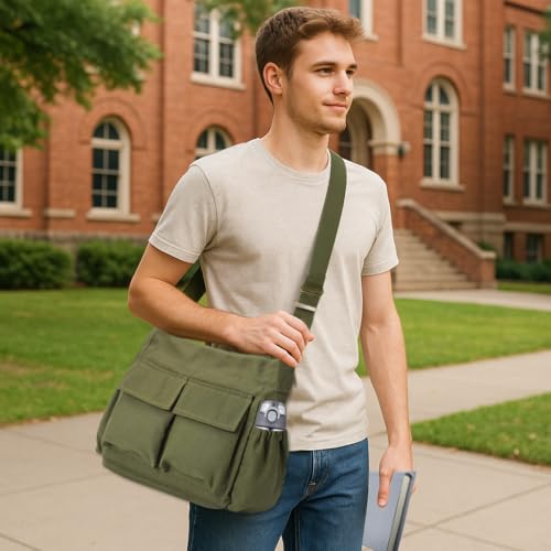 VODIU Canvas Messenger Bag Large Hobo Crossbody bags for Women,Men, Shoulder Tote Handbags with Laptop pocket - color: Army Green-1
