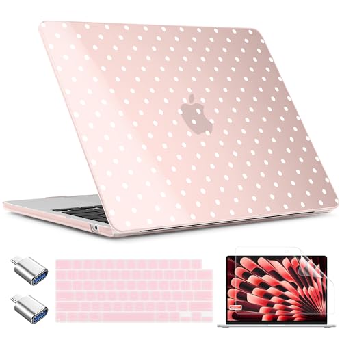 TWOLSKOO for MacBook Air 15 inch Case 2026 2025 2024 2023 Release M5 A3448 M4 A3241 M3 A3114 M2 A2941, Plastic Hard Shell & Screen Protector & Keyboard Cover & Type C Adapter, Pink Polka Dots - color: Pink Polka Dots