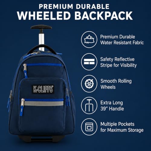 Heavy Duty Rolling Backpack School Bookbag with Wheels Deluxe Wheeled Daypack - color: Navy
